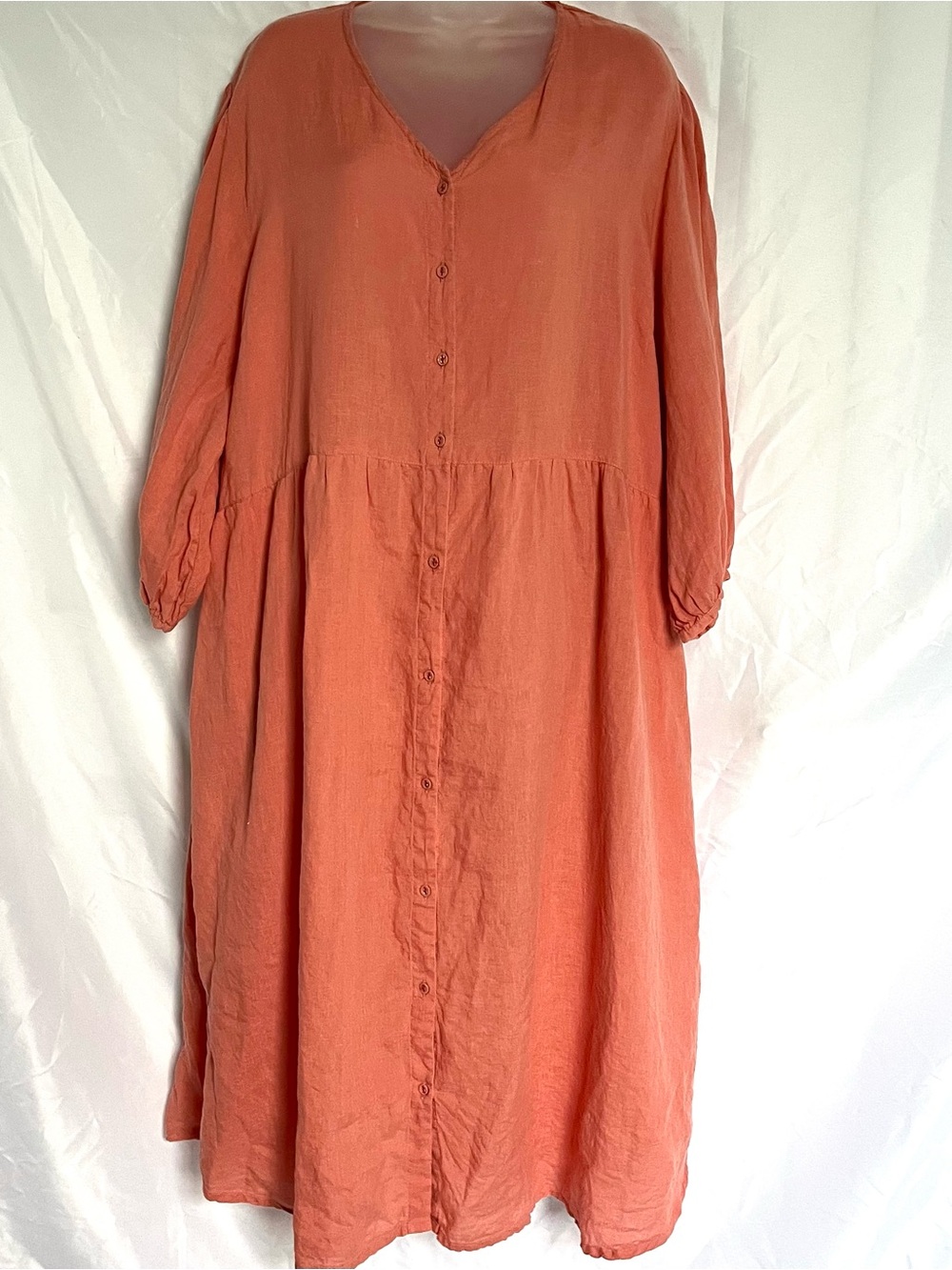 Gudrun Sjoden Coral Orange 100% Linen Button Down Maxi Shirt Dress XXL 2X